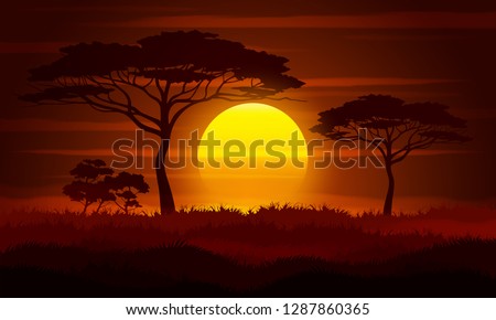 Sunset in Africa, savanna landscape vector illustration. Royalty-Free Stock Photo #1287860365