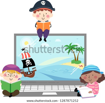 Illustration of Kids Wearing Pirate Costume and Reading a Book with Pirate Story on Laptop Screen
