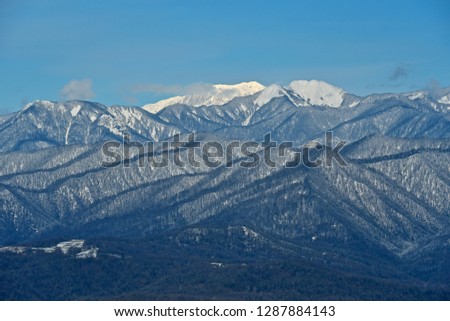 Panorama of snowy mountains. Winter forest and rocky peaks in the snow. Sunny winter day.