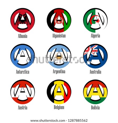 Flags of different countries of the world in the form of a sign of anarchy, which stands for freedom and equality of people.