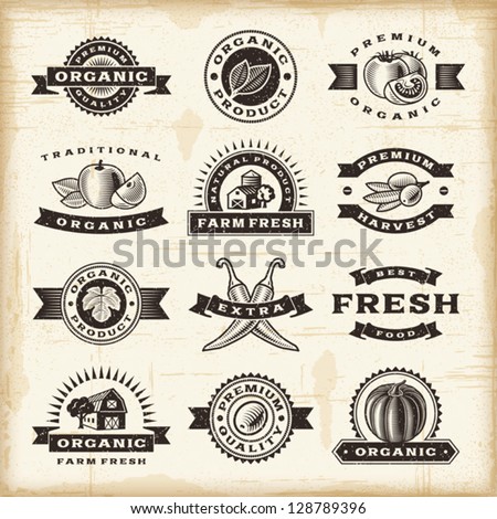 Vintage organic harvest stamps set. Fully editable EPS10 vector.