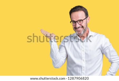 Handsome middle age elegant senior business man wearing glasses over isolated background smiling cheerful presenting and pointing with palm of hand looking at the camera.