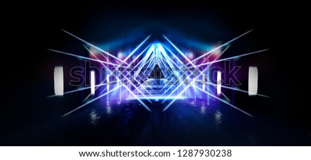 
  Abstract black tunnel with a light pyramid, neon triangle, smoke, wet asphalt, night view.