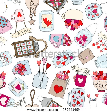 Seamless pattern with cute jam jar, mug, cup, lantern with hearts. Perfect for Valentines Day decoration. Wedding and romance concept. Vector hand drawn illustration.