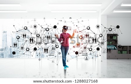 Young woman in casual wearing virtual helmet and working with connection concept. 3d rendering