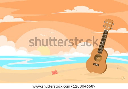 ukulele in the beach at the evening flat design 
