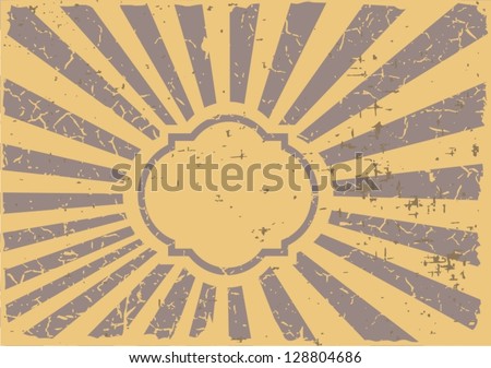 Vintage design template with frame and sunbeams.Plus three objects  cracked surface.