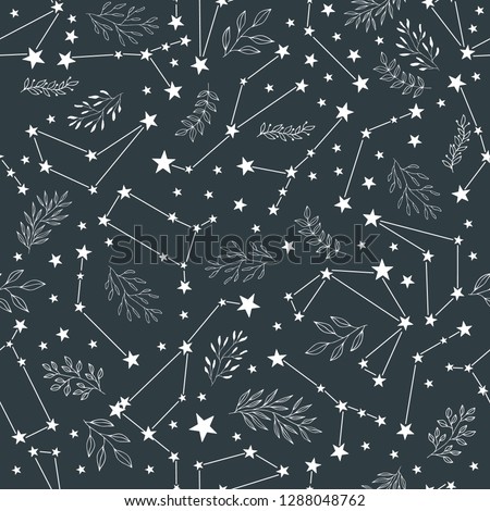 Seamless pattern with shooting stars, leaves, herbs and zodiac signs.