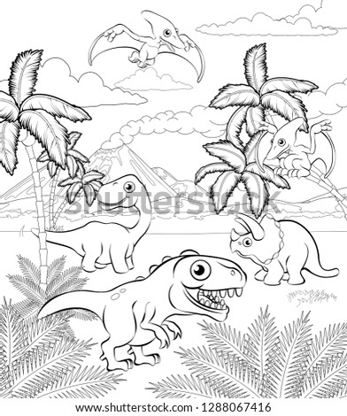 A dinosaur cartoon cute animal background prehistoric landscape coloring outline scene.