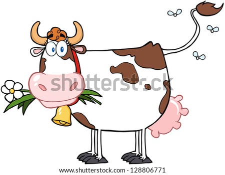 Dairy Cow With Flower In Mouth. Raster Illustration.Vector Version Also Available In Portfolio.