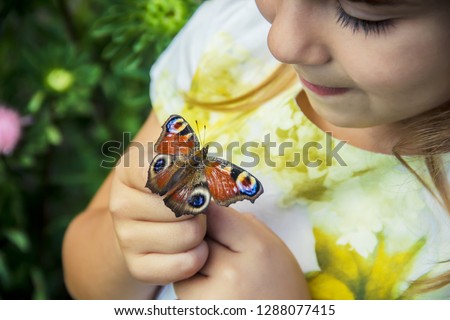 child with a butterfly in his hands. Selective focus. Royalty-Free Stock Photo #1288077415