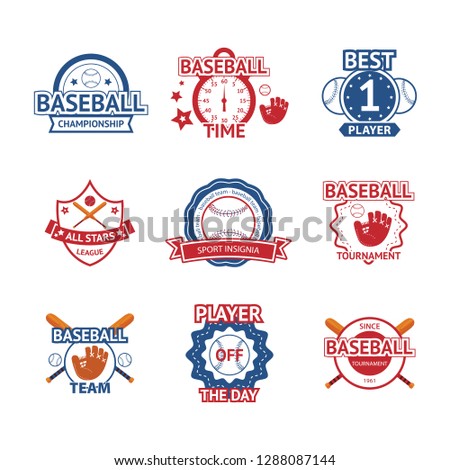 Collection of nine colorful Vector Baseball logo and insignias, presented with a set of baseball equipment illustrations.
