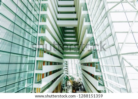 View inside of the abstract modern architecture of the interior of Marina Bay Sands Hotel, one of the most luxurious hotels in the world.