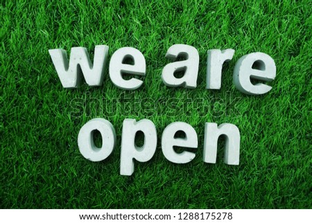 We are Open made from concrete alphabet top view on green grass
