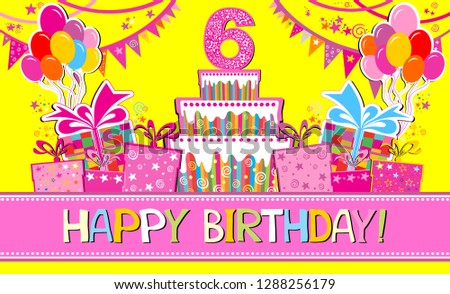 Happy birthday card. Celebration background with number six, garland,  Birthday cake, balloons and place for your text. Horizontal banner. Greeting, invitation card or flyer. vector illustration 