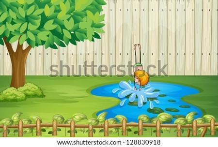 Illustration of a boy diving in the pond