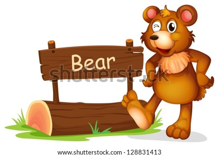 Illustration of a bear beside a sign board on a white background