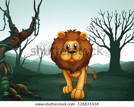 Illustration of a lion in a scary forest