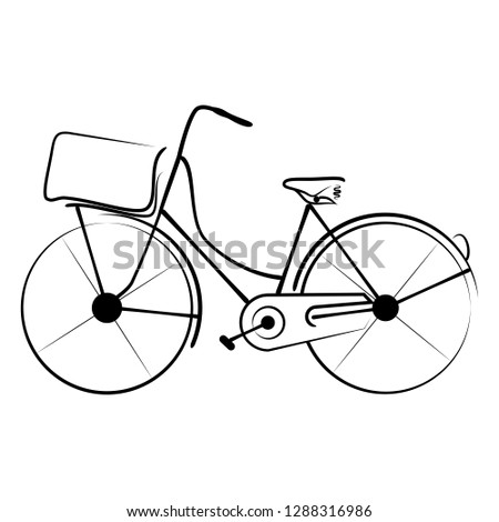 Steampunk vintage bicycle vector Illustration on a white background. New minimalism. Black tattoo. Linear silhouette of the ancient bicycle. Ladies' bicycle with a basket for picnic. Vector.