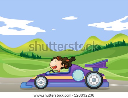 Illustration of a young girl driving a car