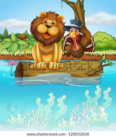 Illustration of a lion and a turkey above a floating trunk