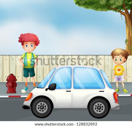 Illustration of a boy and a child at the street with a car