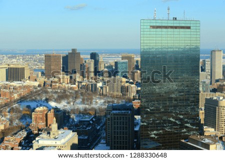 Boston Back Bay Skyline and John Hancock Tower aerial view in winter, Boston, Massachusetts, USA.