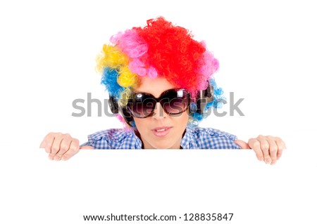Female clown holding blank space