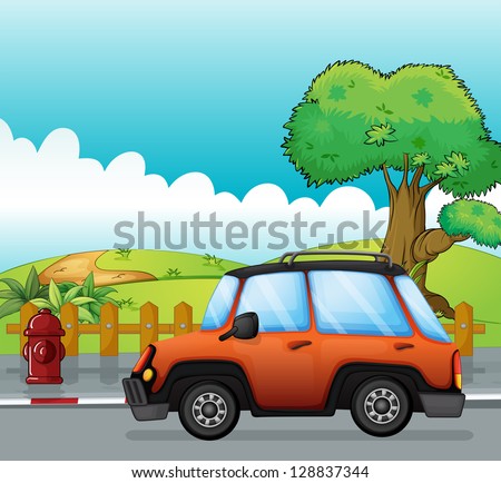 Illustration of orange car on a road and fire hydrant