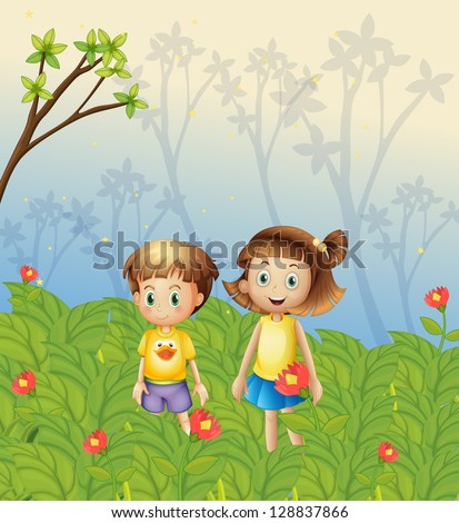 Illustration of a girl and a boy in the garden