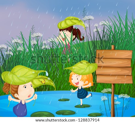Illustration of kids playing in the rain