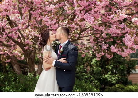 
bride and groom kiss near cherry blossoms