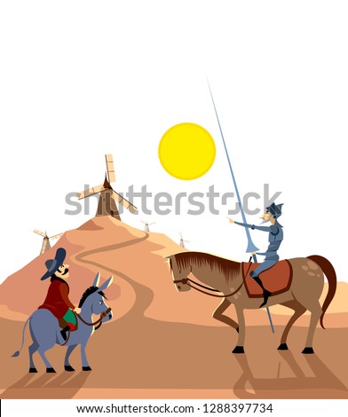 Don Quixote and Sancho Panza riding on windmills. Literature characters. Flat vector illustration