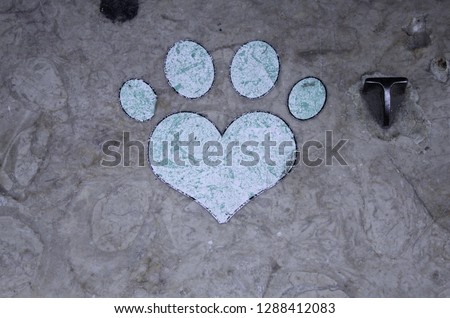 Footprints of dog and heart painted on ground, abandoned animals