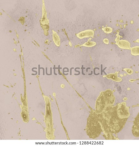 Luxury gold and white metal paint splatter effect on watercolor paper background. Gold glitter splash texture. Beautiful feminine backdrop.