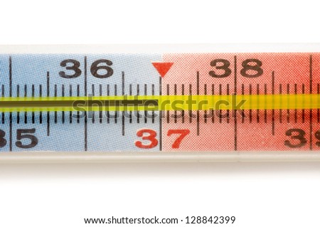 Mercurial thermometer on a white background. Temperature is 37.