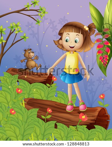 Illustration of a girl and a beaver in the jungle