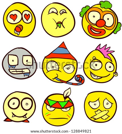 A set of 9 smileys for every taste. Done in comic doodle style.