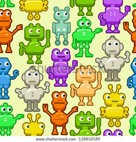 Seamless Vector Pattern: Funny Cartoon Robots on Yellow