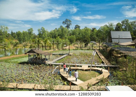 The wooden bridge is a heart shaped in the lotus garden, Hut in the park,The lotus garden and blue sky.