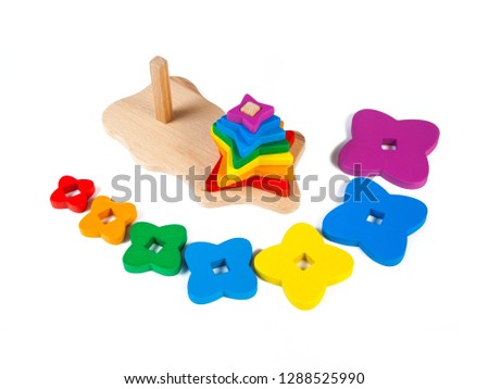 Photo of a wooden toys  children's sorter pyramid of colorful parts in the shape of flowerss on a white isolated background. The toy for the development of fine motor child