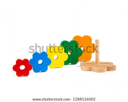 Photo of a wooden toy  children's sorter pyramid of colorful parts in the shape of flowerss on a white isolated background. The toy for the development of fine motor child