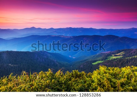 Majestic sunset in the mountains landscape. Transylvania, Carpathian, Ukraine.