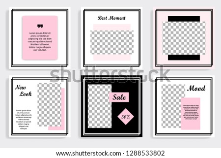 Set of square editable social media post template banner in black, white and pink color.