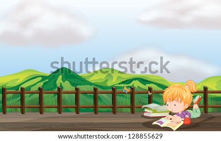 Illustration of a girl studying at the wooden bridge