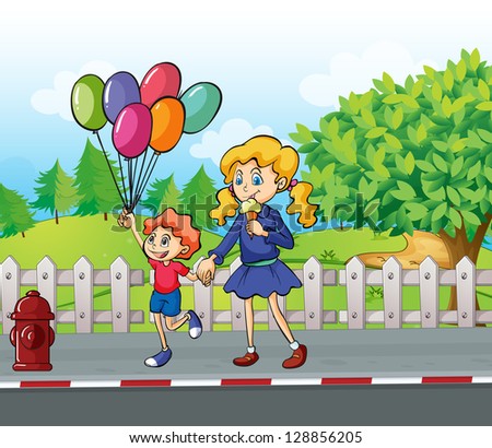 Illustration of a young boy with balloons and a girl eating an ice cream