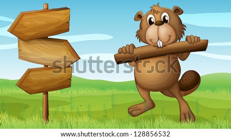 Illustration of a beaver in the hills with a piece of wood