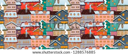 Seamless christmas city pattern. Cartoon design. Houses covered with snow.