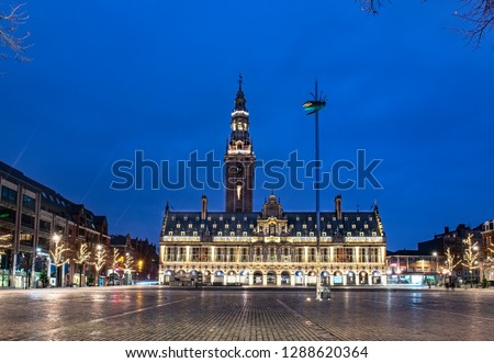 The university library on the Ladeuze square at night, Leuven, Province of Flemish Brabant, Flanders, Belgium