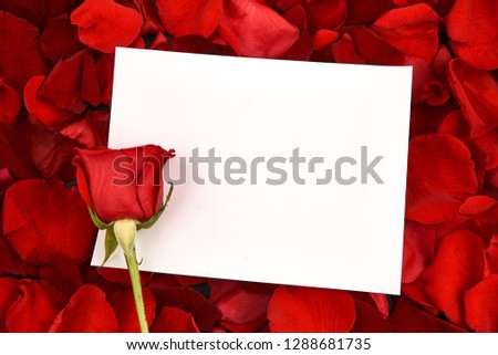 Postcard on red rose petals. White paper